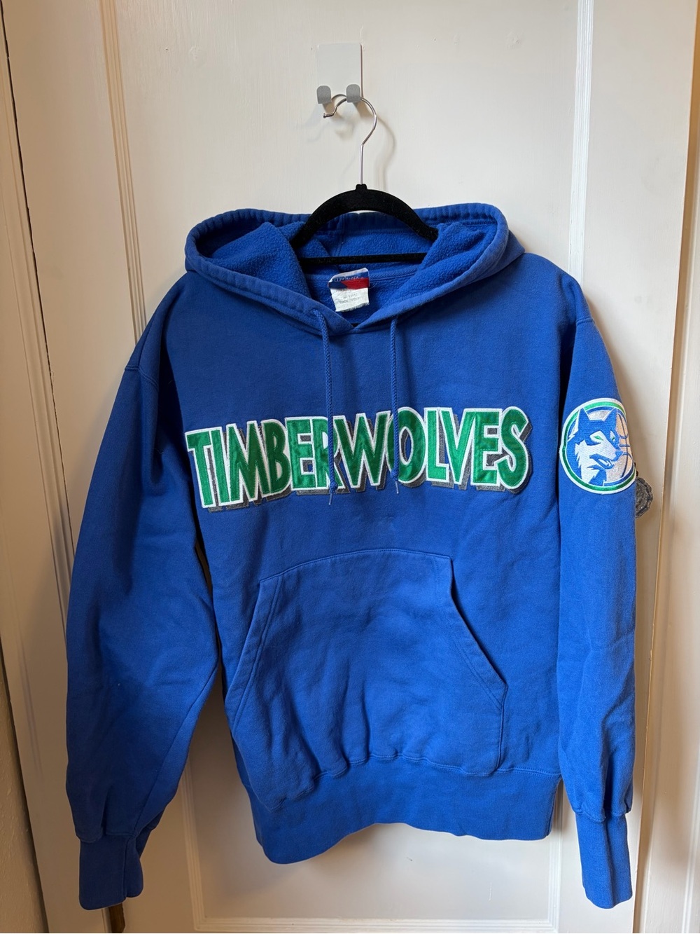 Majestic Royal Blue Timberwolves Crewneck Hoodie with Green White Logo